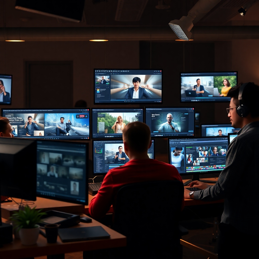  A photorealistic image of a diverse team of creative professionals working collaboratively on various content creation projects. Show different screens with text, images, and video editing software, emphasizing a modern and innovative workspace.
