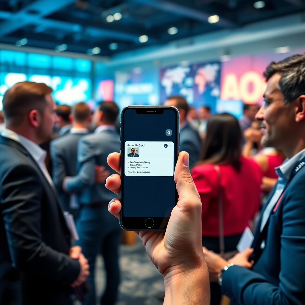 A photorealistic image of a diverse group of professionals networking at a modern conference, with smartphones displaying a sleek digital business card interface in the foreground. The background should showcase a vibrant and professional atmosphere.