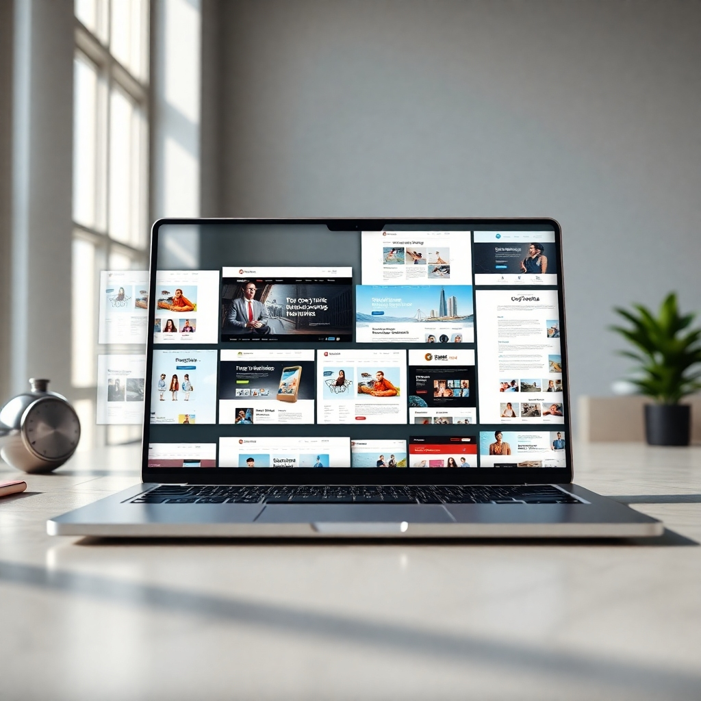 A photorealistic image of a diverse range of professionally designed website templates displayed on a sleek, modern laptop screen.  The templates should showcase various styles and layouts, suitable for different businesses, such as e-commerce, portfolio, blog, and corporate websites. The background should be a clean, minimalist workspace with natural light.