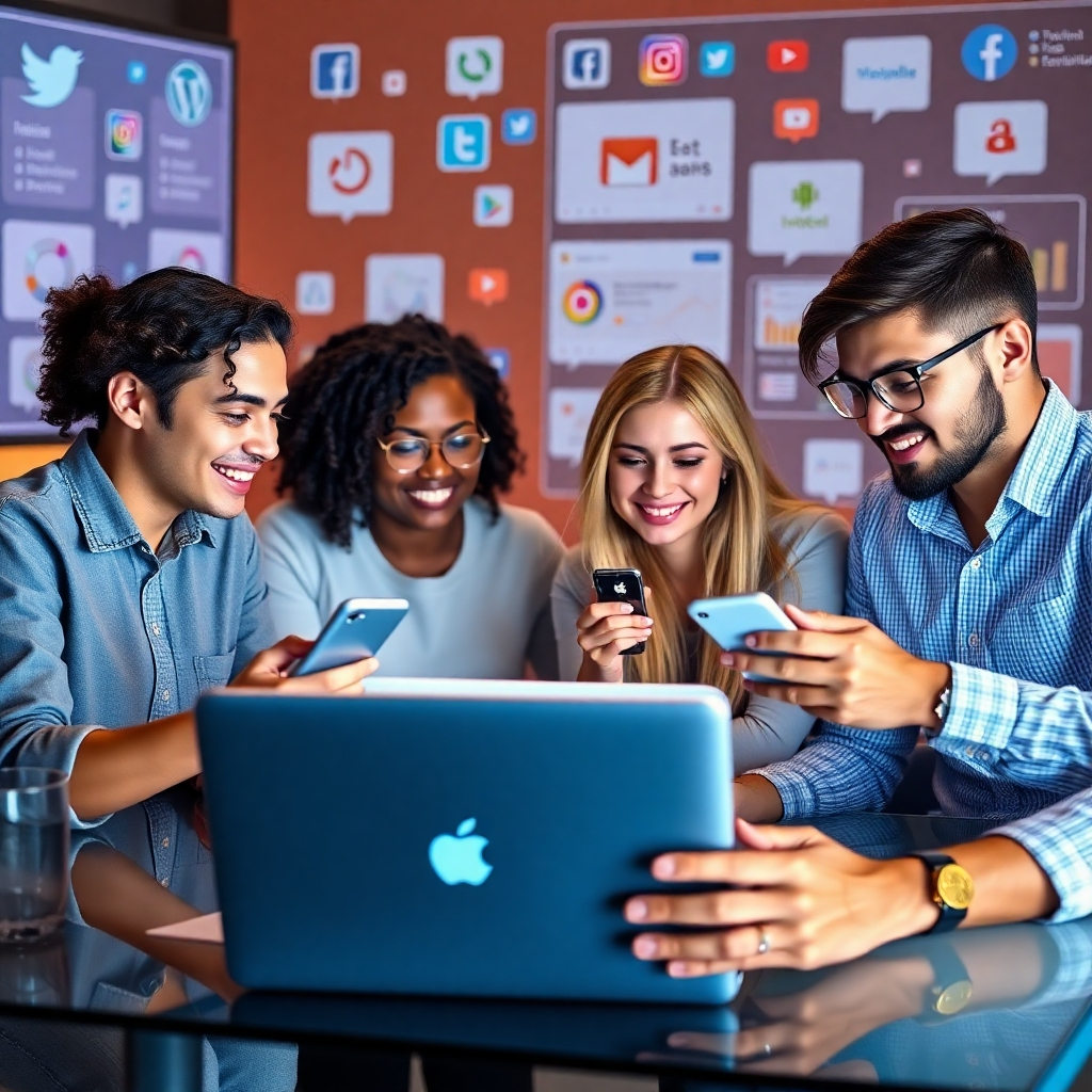 A photorealistic image of a diverse team of young professionals collaborating on social media marketing strategies, using laptops and smartphones to manage multiple platforms and track engagement metrics. The background should showcase various social media icons and dashboards displaying positive analytics. The overall mood is energetic and collaborative.