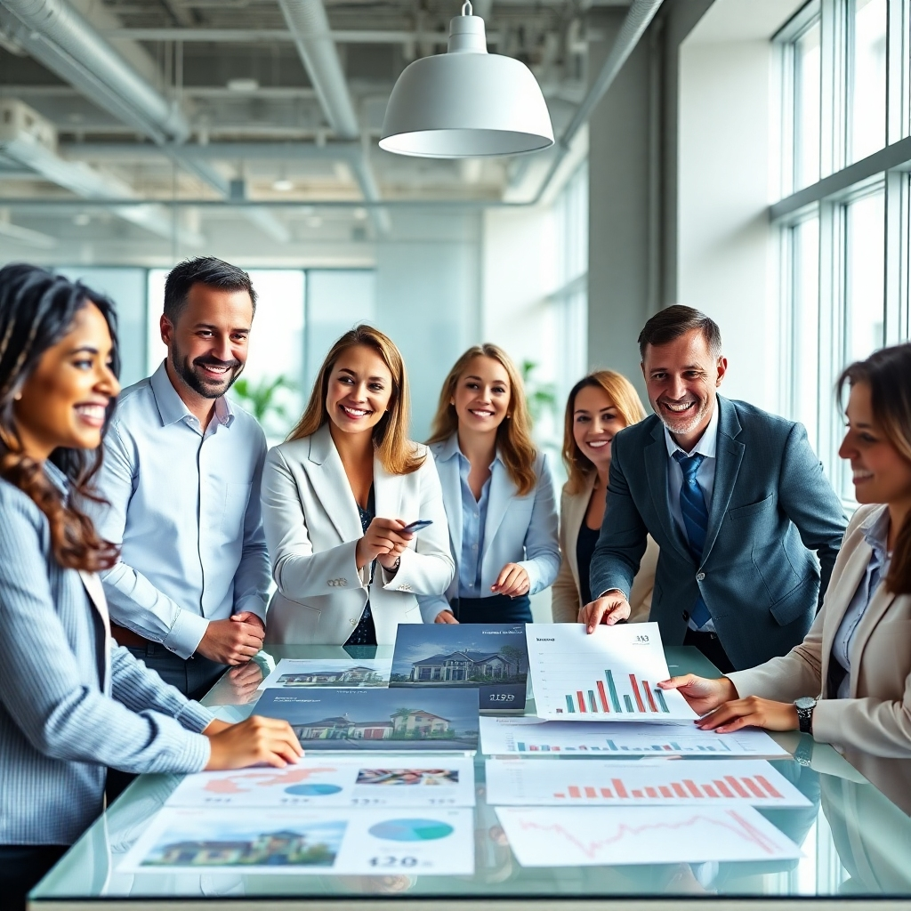 A photorealistic image of a diverse team of smiling real estate agents in a modern office, collaborating around a large table displaying property listings and market data.  The image should convey professionalism, competence, and teamwork. High-resolution, detailed image with sharp focus and natural lighting.