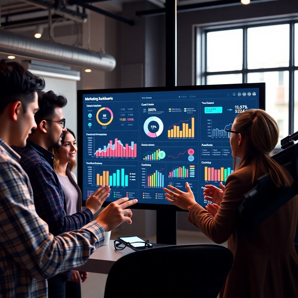 A photorealistic image of a diverse team of professionals collaborating around a large touchscreen display showing interactive marketing dashboards and key performance indicators (KPIs). The atmosphere should be energetic and collaborative, with a focus on data analysis and strategic decision-making. High resolution and detailed elements are important.