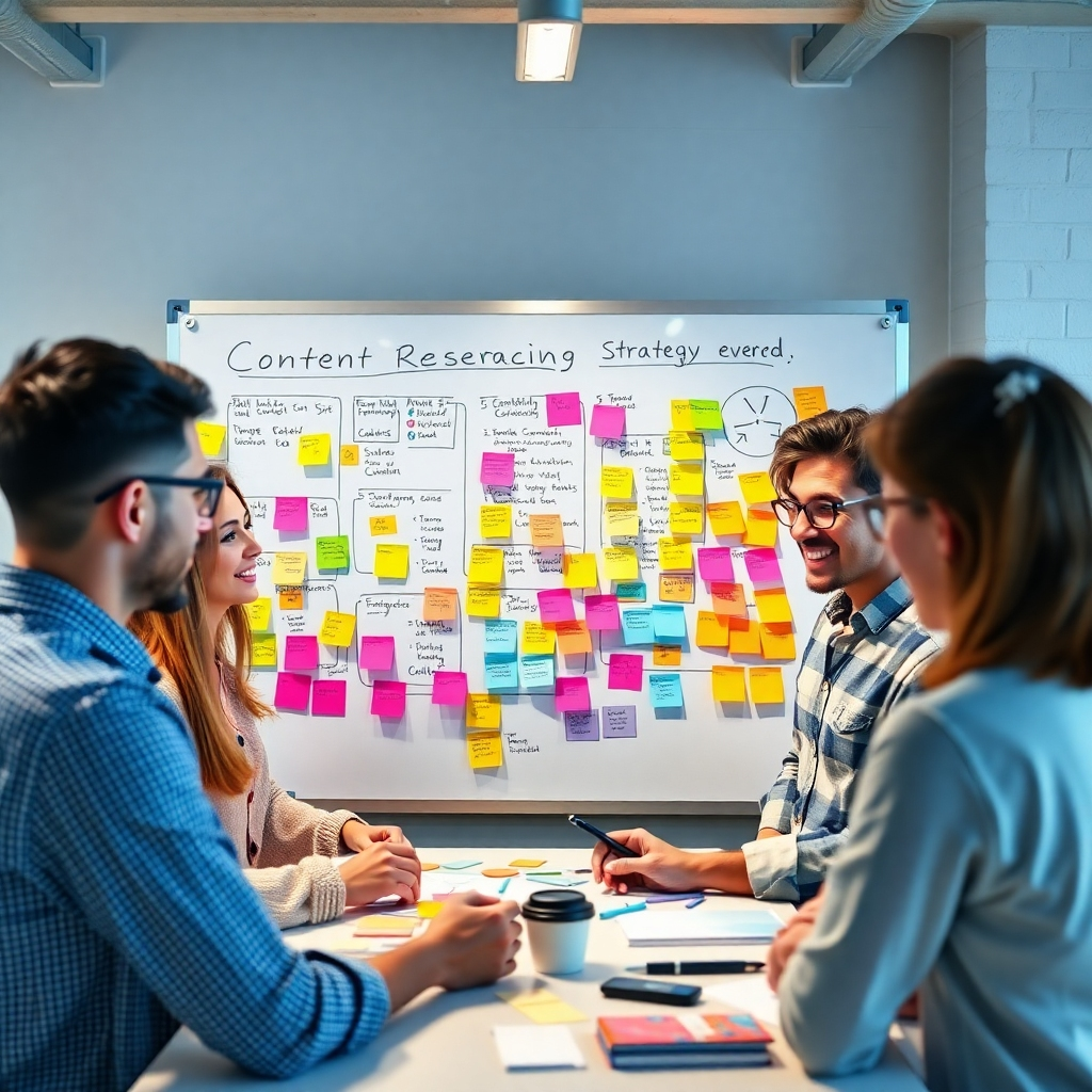 A photorealistic image of a diverse team of marketers brainstorming around a whiteboard filled with colorful sticky notes and diagrams, representing market research and content strategy planning. The atmosphere should be vibrant and collaborative, with happy, focused individuals actively participating in the discussion. High resolution, detailed, sharp focus.
