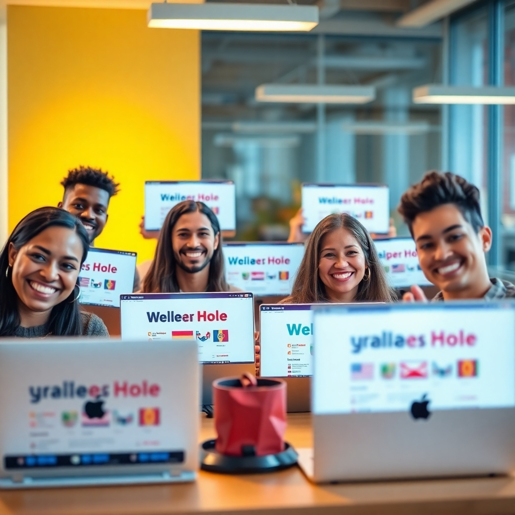 A photorealistic image of a diverse group of people from different nationalities and ethnicities smiling and using laptops, each displaying a website in a different language. The setting should be a bright, modern co-working space or office, emphasizing collaboration and international communication.