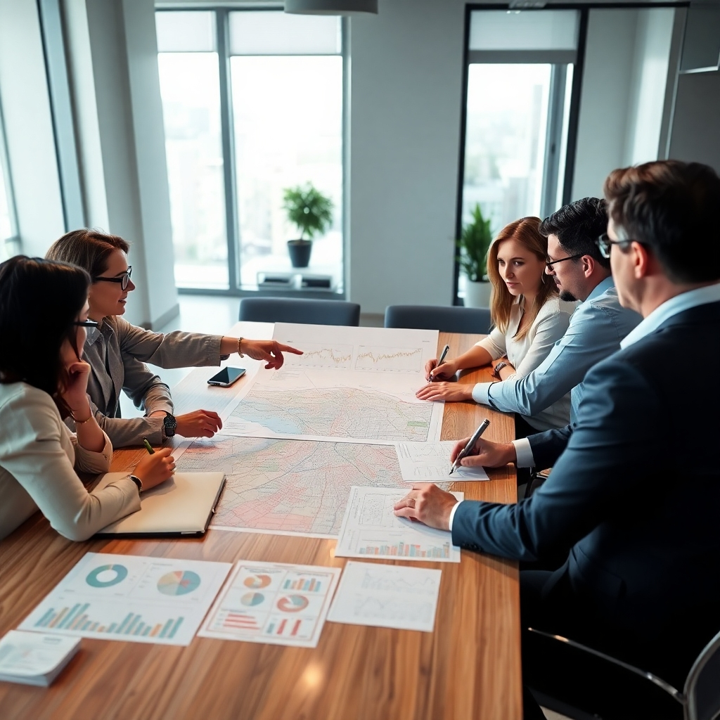 A photorealistic image of a diverse group of people, perhaps 5-6, sitting around a large table in a modern, bright office.  They are intently studying charts, graphs, and maps related to real estate market analysis.  One person is pointing at a map of a city, highlighting a specific area. The scene should convey collaboration, focus, and expertise in real estate market analysis. The overall lighting should be soft and natural.