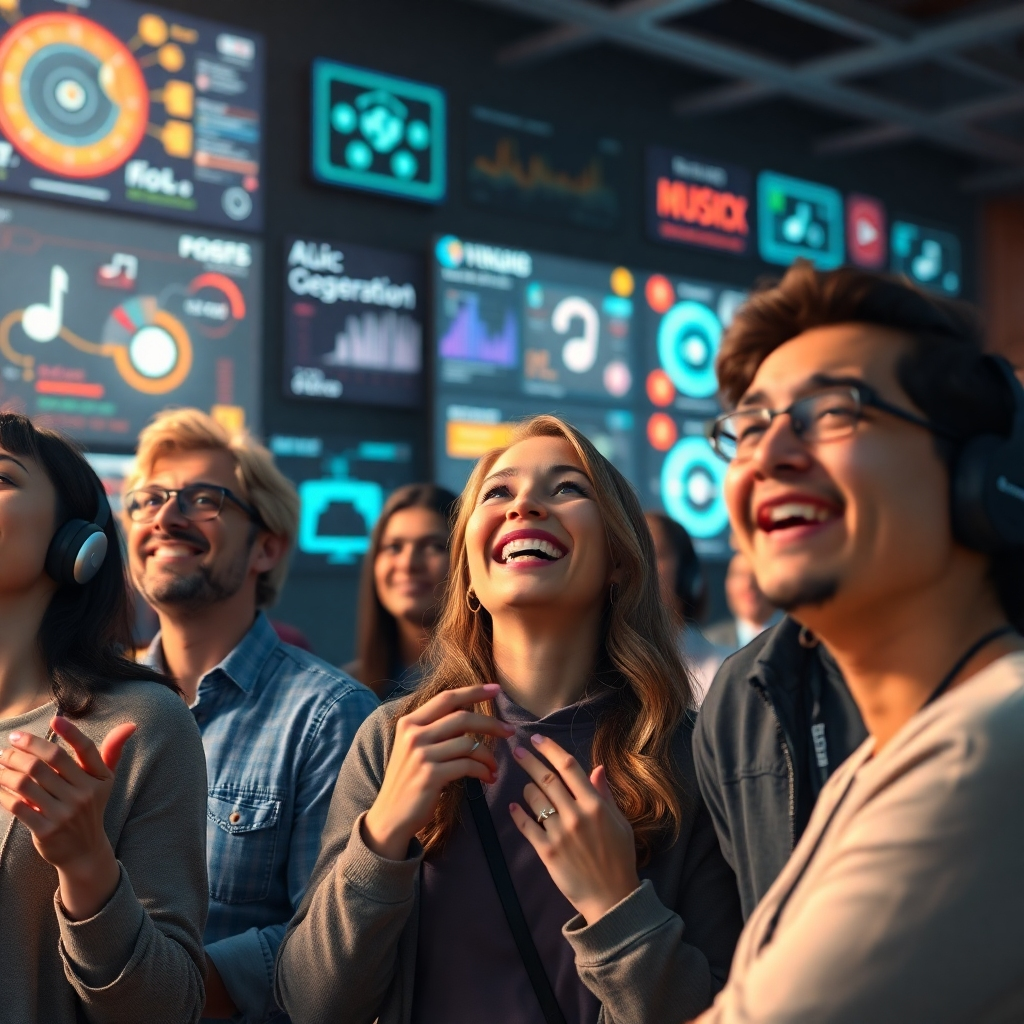 A photorealistic image of a diverse group of people of different ages and ethnicities enjoying music created by AI. The background should show various digital displays and interfaces showcasing AI music generation technologies, creating a futuristic and vibrant atmosphere. The overall feeling should be positive and inclusive, reflecting a global reach.