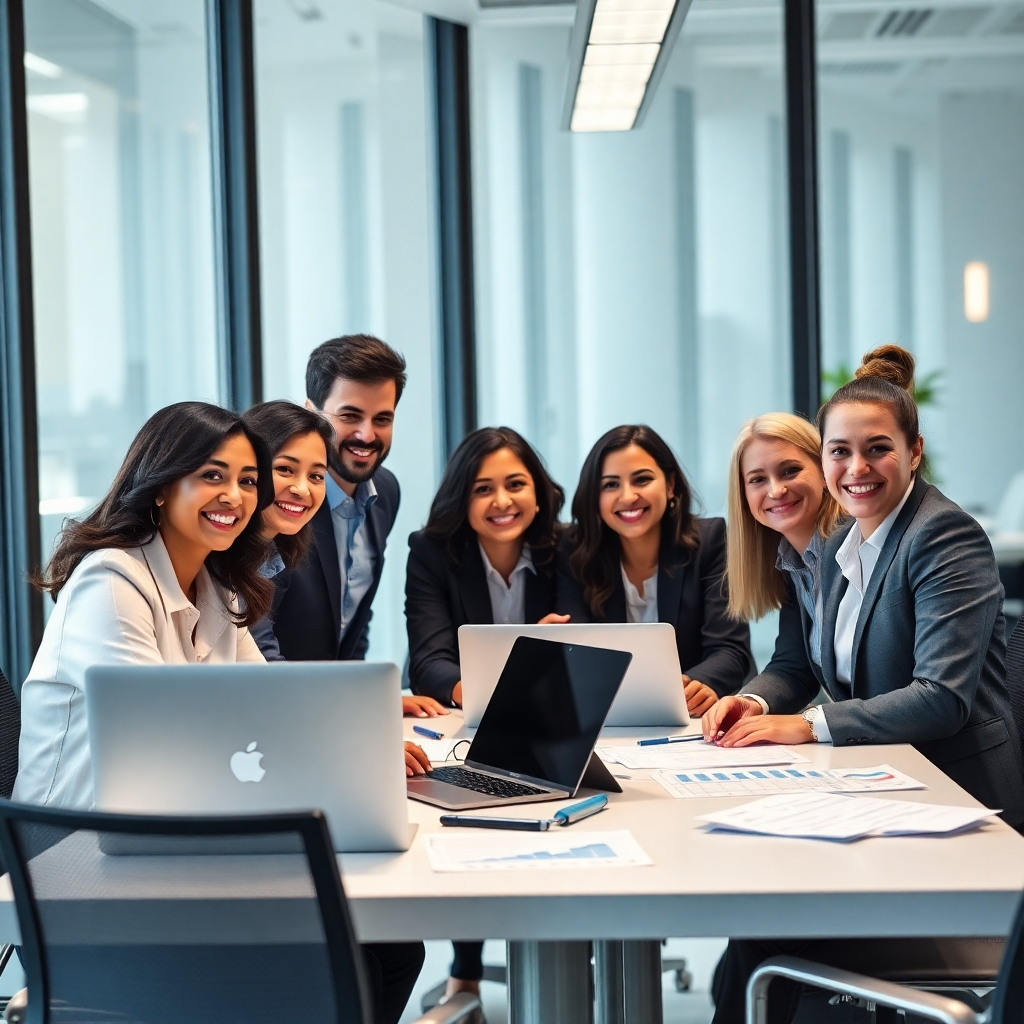A photorealistic image of a diverse team of professional accountants in a modern, bright office.  They are smiling and collaborating around a large table, with laptops, financial documents, and graphs visible.  The overall mood should be one of teamwork, professionalism, and efficiency. High resolution, sharp focus.
