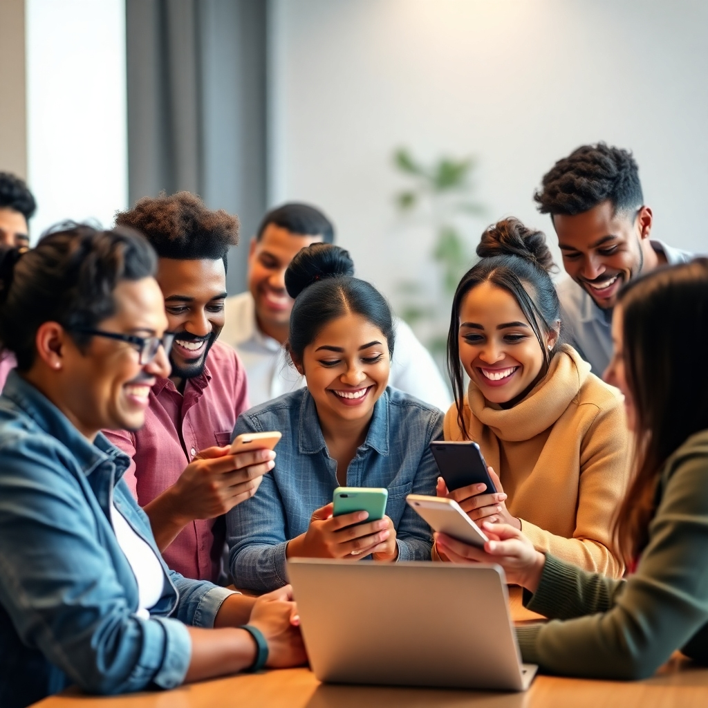A photorealistic image of a diverse group of people, smiling and engaging with different types of content on their smartphones and laptops.  The background should subtly suggest a social media platform or e-commerce website. The mood should be upbeat and positive, conveying a sense of connection and community engagement.