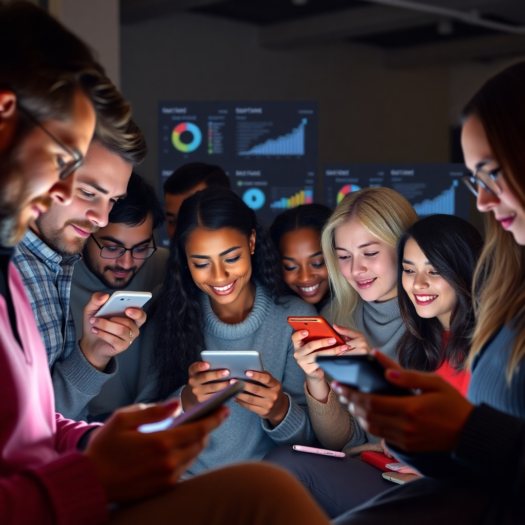 A photorealistic image of a diverse group of people, representing different age groups and lifestyles, actively engaging with various types of digital content on their smartphones and laptops. The background should subtly show social media dashboards and sales graphs illustrating increased engagement and sales.