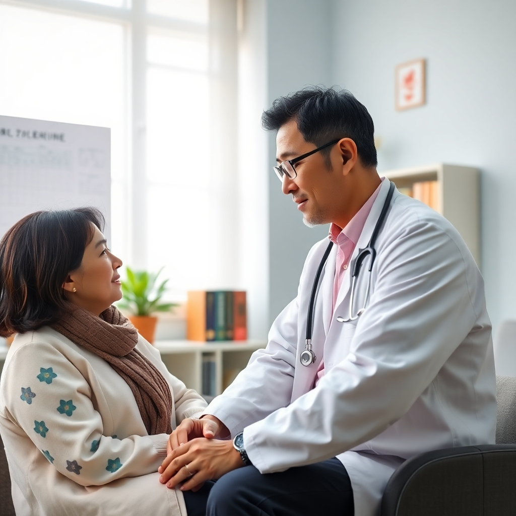 A photorealistic image of a doctor and patient in consultation. The doctor is attentively listening to the patient, who is expressing their concerns. The setting is a bright, clean, and comfortable consultation room.  Medical charts and traditional Chinese medicine books are subtly visible in the background.  The overall mood should convey trust, understanding, and personalized care.