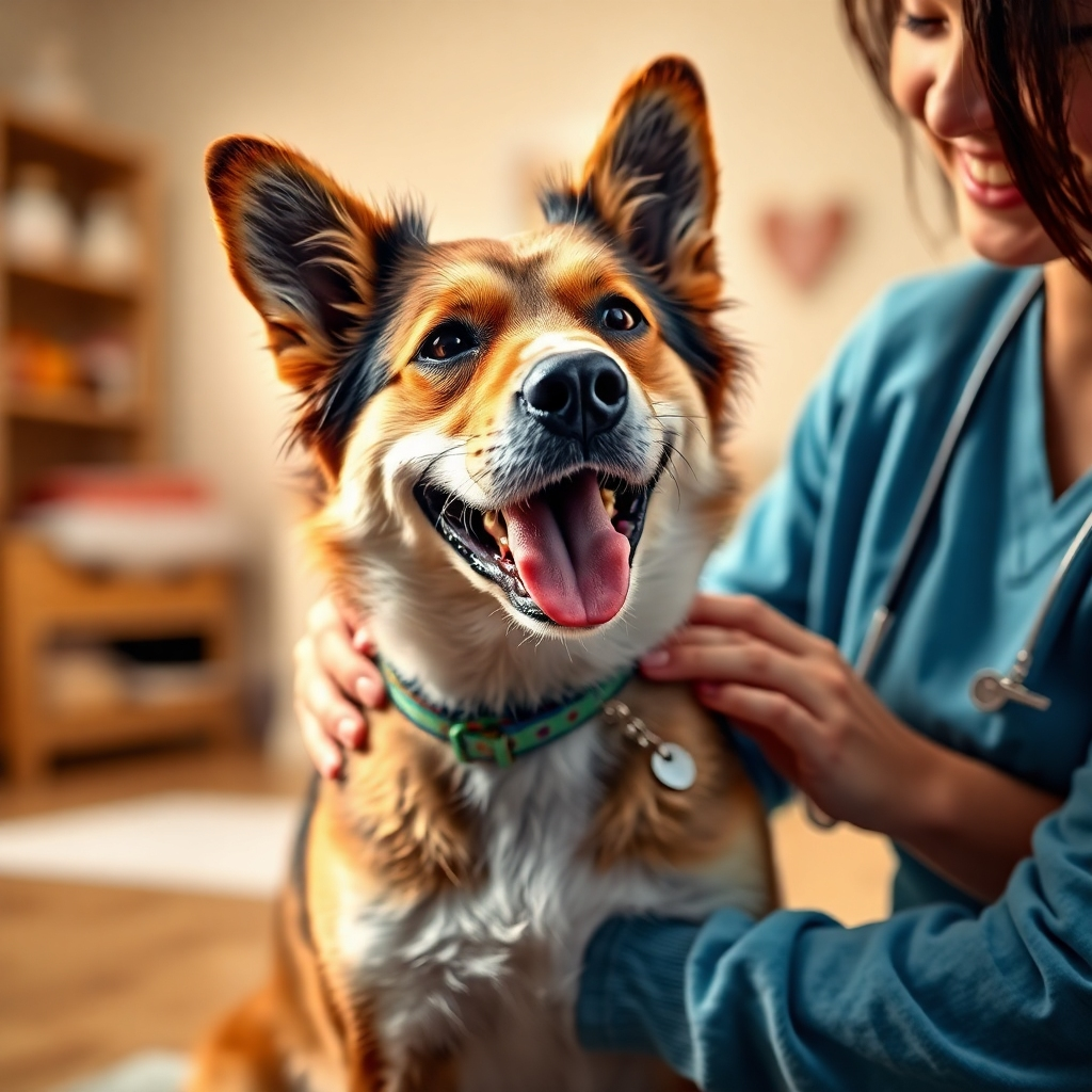 A photorealistic image of a dog happily interacting with a caregiver in a comfortable and clean environment. The dog should look relaxed and content. The caregiver should be gently petting or playing with the dog. The background should be a warm and inviting space that conveys a sense of love and care. High resolution, sharp focus, soft and warm lighting.
