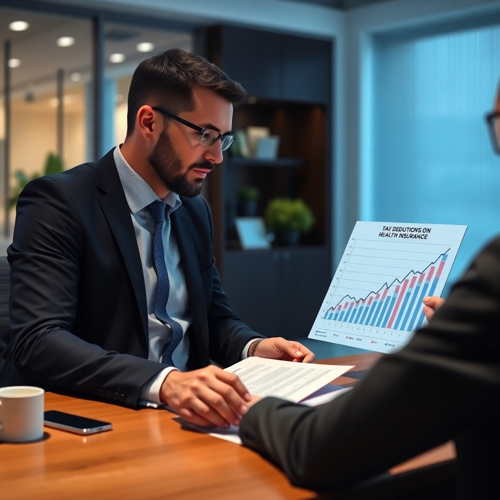 A photorealistic image of a financial advisor consulting with a client, showing a chart or graph that illustrates the financial benefits of tax deductions on health insurance. The image should create a sense of trust, professional guidance, and smart financial planning.  The setting could be a modern, professional office.