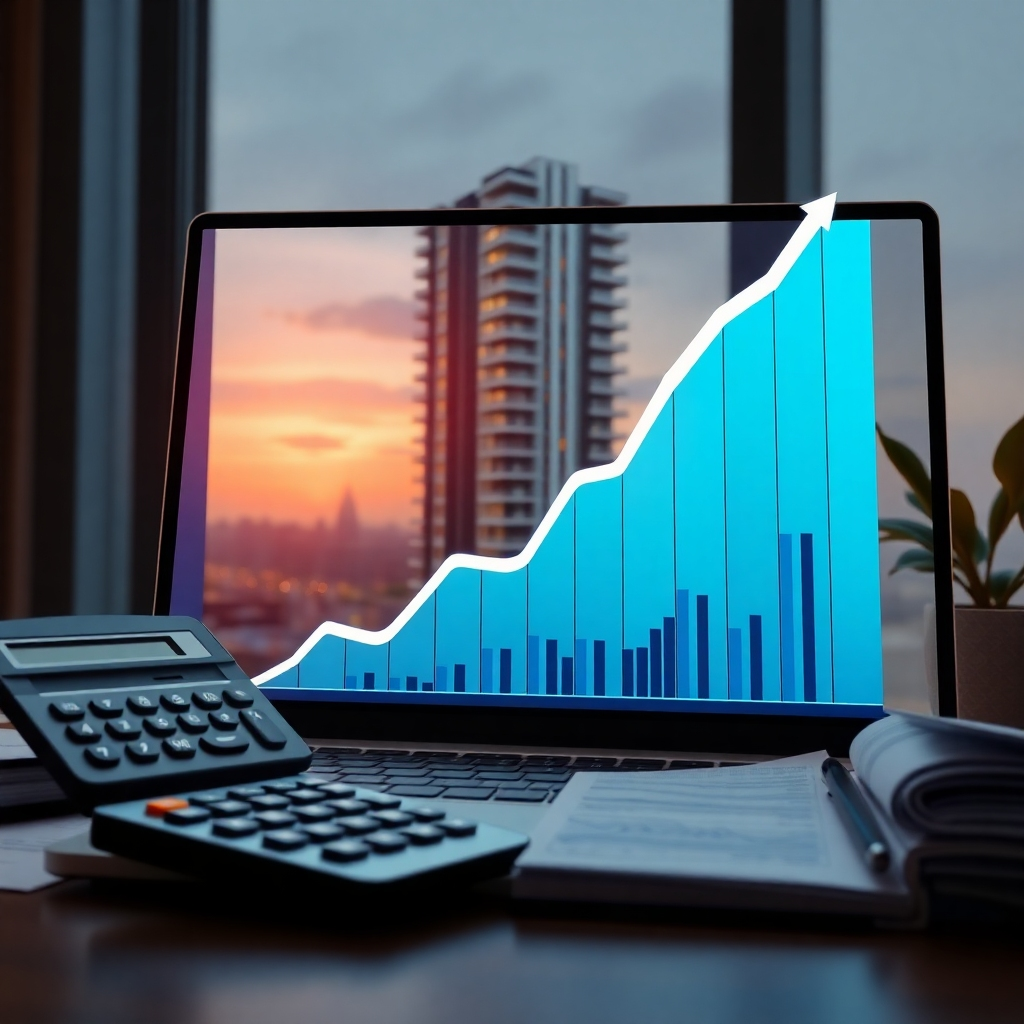 A photorealistic image of a financial graph showing upward trajectory, overlaid with a modern condo building.  Include elements like a calculator, financial documents, and a laptop displaying spreadsheets. The overall style should convey financial success and security, highlighting the smart investment aspect of condo rental.