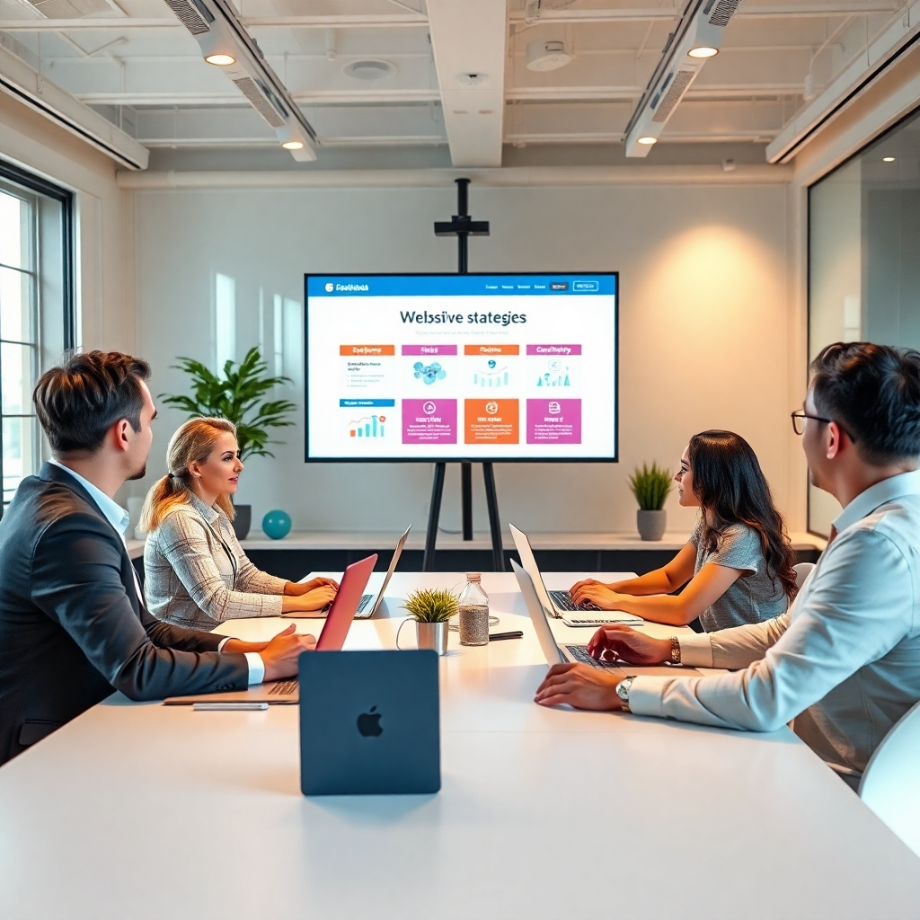 A photorealistic image of a friendly team of professionals working together in a bright and modern office. One person is giving a presentation on a large screen showing website sales strategies. The overall mood should be collaborative, supportive and professional.