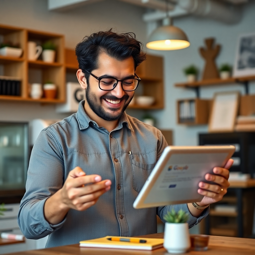 A photorealistic image of a friendly business owner actively engaging with positive Google reviews on their tablet.  The background should show a clean and organized workspace. The image should convey a sense of connection and positive customer relationships.