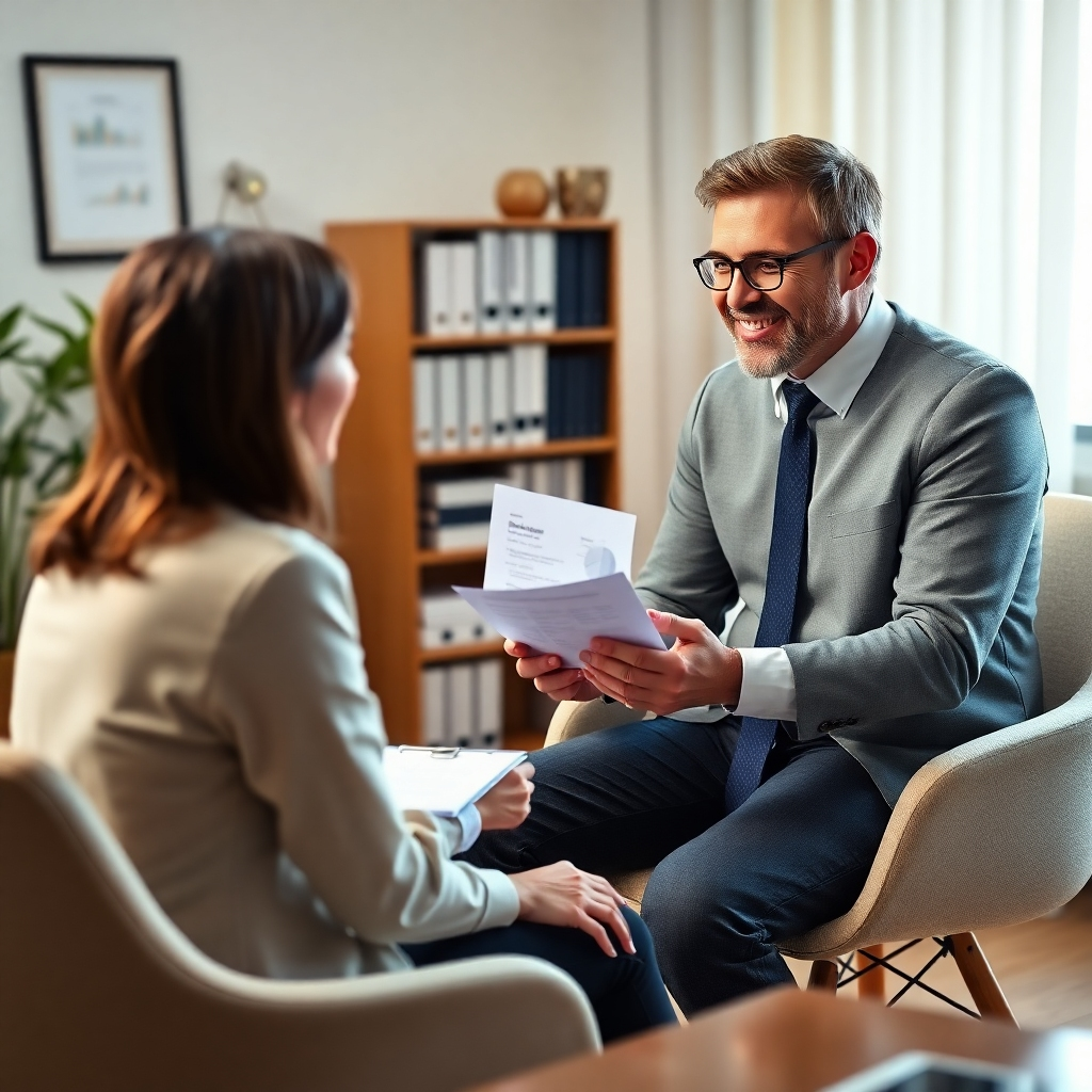 A photorealistic image of a friendly and confident accountant sitting across from a client, explaining financial concepts in a calm and reassuring manner. The setting should be a professional yet warm and inviting office, showcasing a trusting and collaborative relationship.  The image needs to convey professionalism, trust, and understanding. High-resolution, detailed image, 8k resolution