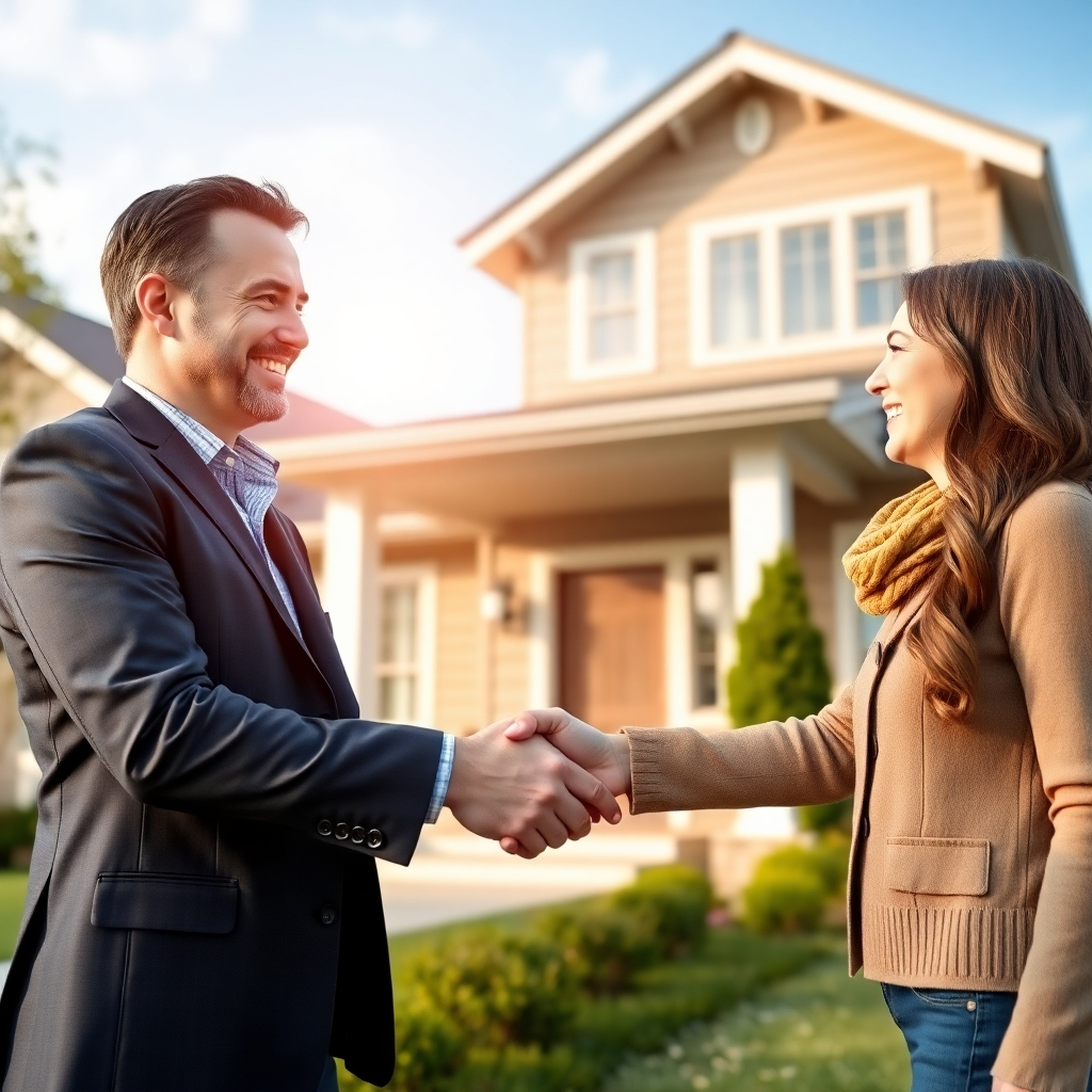 A photorealistic image of a friendly, professional real estate agent shaking hands with a happy homeowner in front of a beautiful, modern house. The scene should be bright and welcoming, conveying trust, expertise, and success.  The agent should be wearing professional attire.