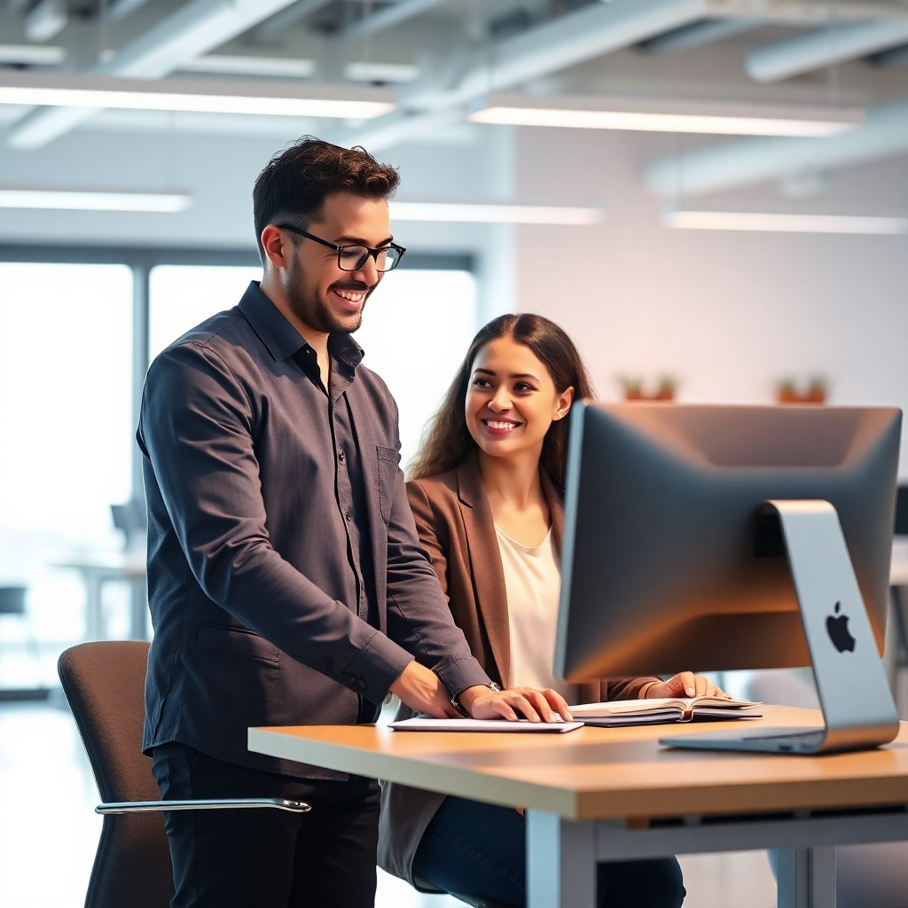 A photorealistic image of a friendly and professional team of people working together in a bright, modern office.  One person is helping another person with a computer. The overall mood should feel supportive and reassuring.
