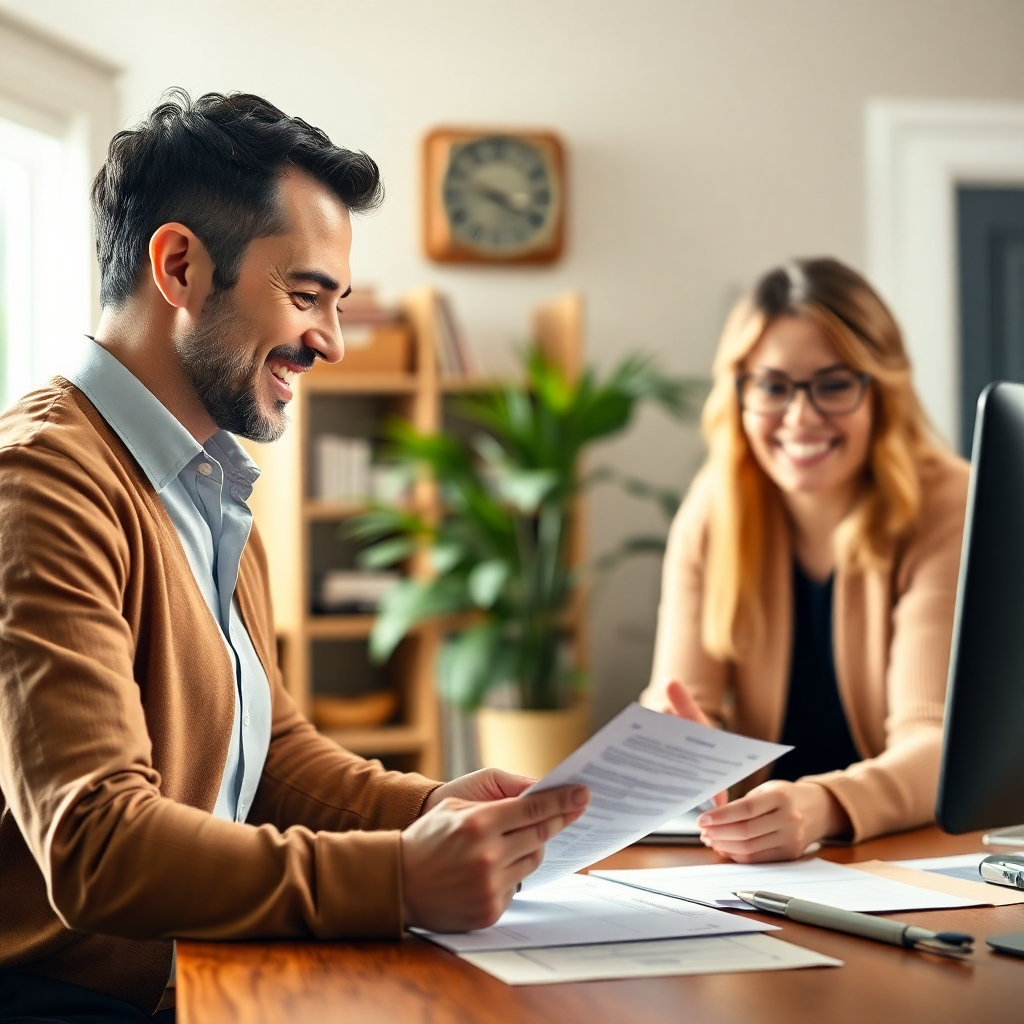 A photorealistic image of a friendly real estate agent assisting a homeowner with paperwork related to selling their house. They are both smiling, and the scene should feel calm, organized, and efficient. The image should depict a professional and supportive working environment.