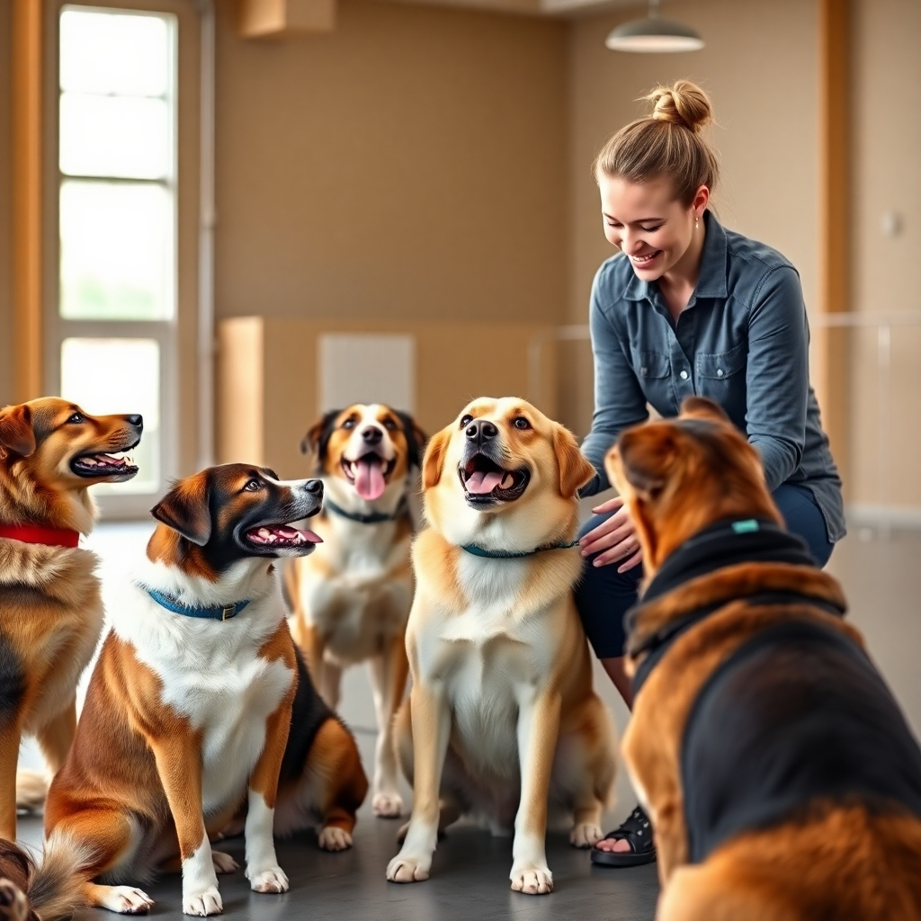 A photorealistic image of a friendly, professional dog trainer interacting positively with several dogs of different breeds in a spacious, well-lit training area. The trainer should be using positive reinforcement methods, such as treats and praise.  The dogs should appear happy, relaxed, and engaged in the training session. The background should suggest a clean, safe, and inviting environment.
