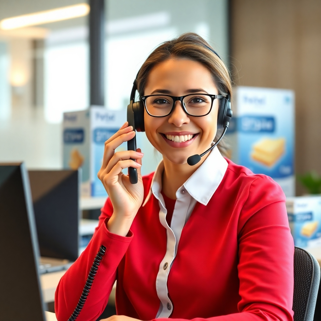 A photorealistic image of a friendly customer service representative smiling and talking on a telephone in a professional office setting.  The background should subtly feature the 'วันแฟนกาแฟกระชับรัก' product packaging. The overall mood should convey trust and reliability.