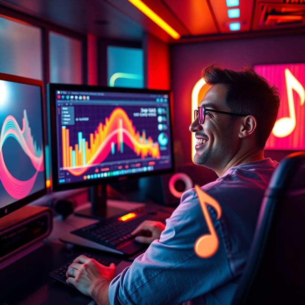A photorealistic image of a futuristic music studio with a person smiling and looking at a computer screen displaying an AI music generation software interface, surrounded by colorful sound waves and glowing musical notes. The overall mood should be bright, modern, and optimistic, suggesting creativity and success.