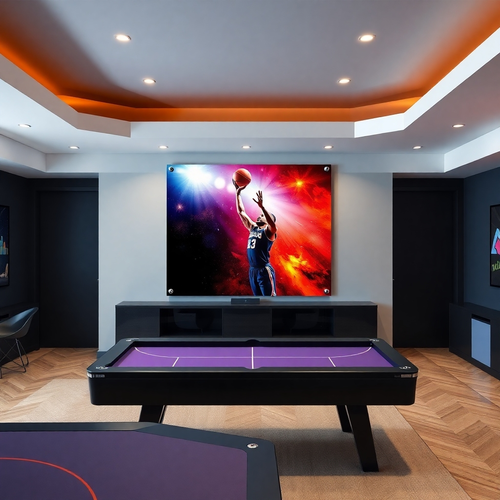 A photorealistic image of a game room featuring a UV-printed artwork showcasing an action shot of a basketball player making a three-pointer. The artwork is mounted on a transparent acrylic panel, allowing the vibrant colors to pop. The game room is well-lit and decorated in a modern, sporty style. The image should convey a sense of excitement and energy.