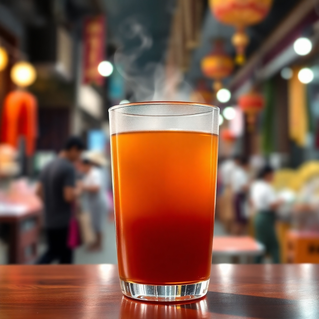 A photorealistic image of a glass of traditional Thai tea, with rich amber color and steam rising from the surface. The background is a slightly blurred image of a bustling Thai street market. Focus on the texture and color of the tea, lighting should be warm and inviting, highlighting the rich amber tone of the liquid.  High-quality 4K resolution.