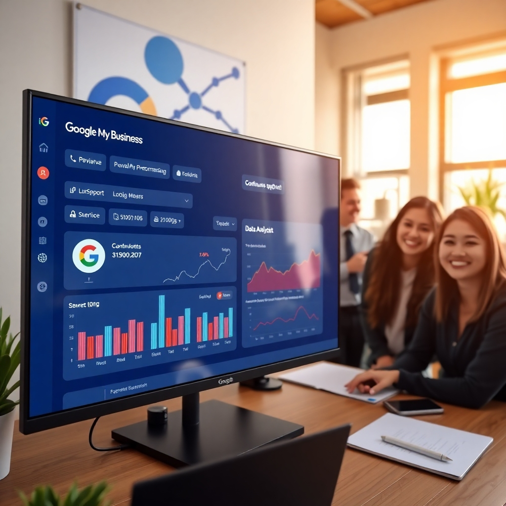 A photorealistic image of a Google My Business dashboard on a large monitor, displaying positive performance metrics. The background features a smiling team of professionals collaborating on a project, emphasizing continuous support and data analysis. The overall aesthetic is professional and dynamic.