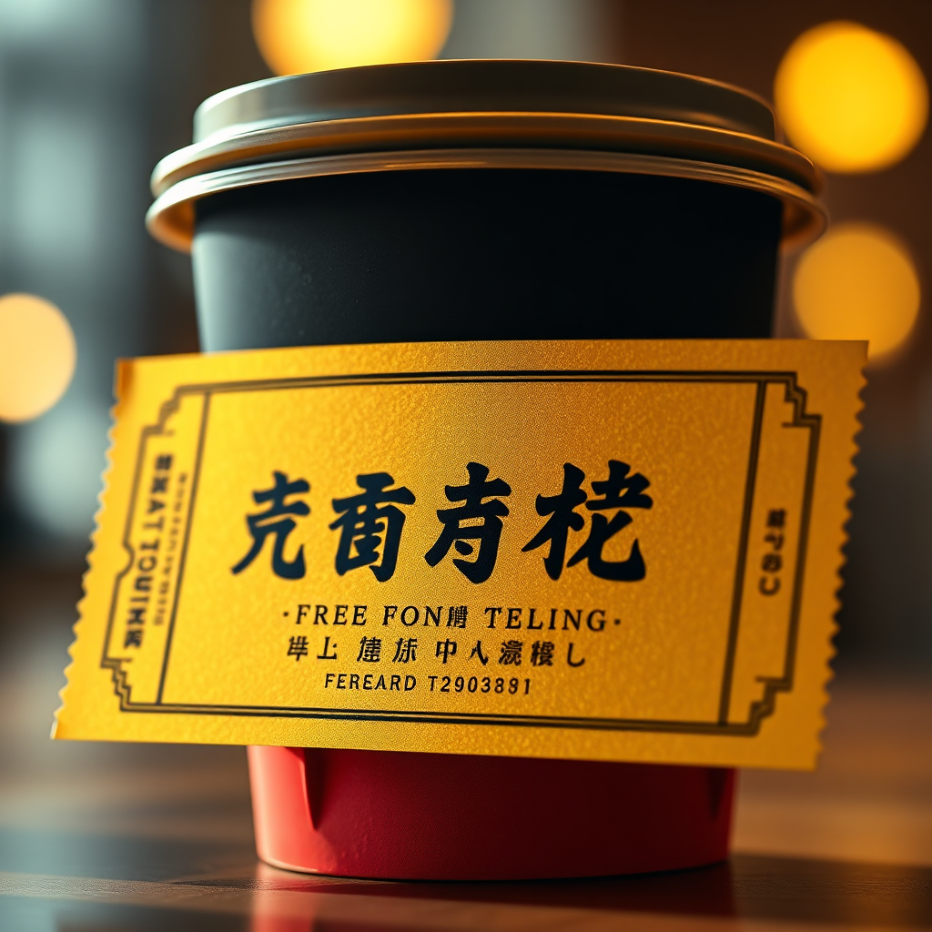 A photorealistic image of a golden ticket with the words 'ดูดวงฟรี' (Free Fortune Telling) printed on it. The ticket is partially obscured by a coffee cup, suggesting that it's a reward for purchasing coffee. The lighting is bright and celebratory, highlighting the golden color of the ticket. Style: Festive, rewarding, and inviting. Technical specs: 4K resolution, high-quality rendering, vibrant colors.