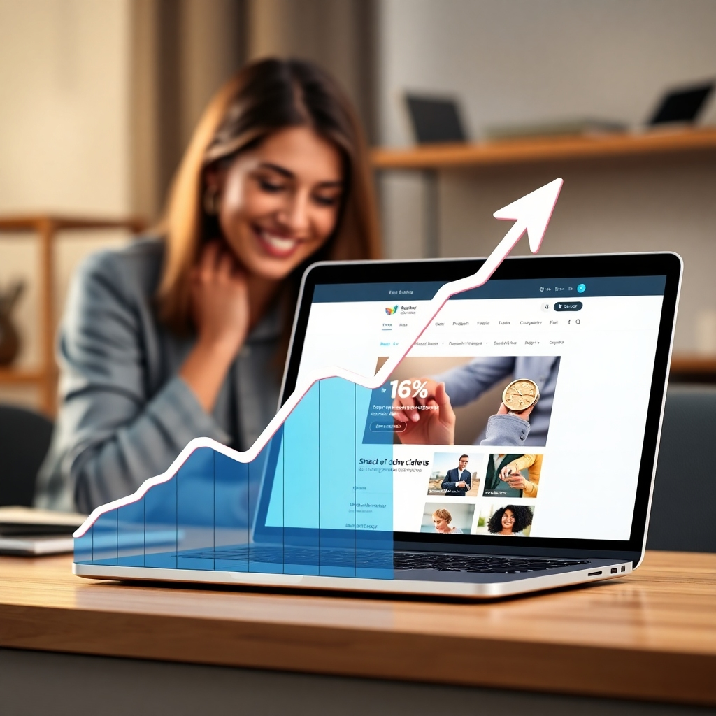 A photorealistic image of a graph showing a sharp increase in sales figures, overlaid with a laptop displaying a well-designed website with engaging content. The background should subtly show a happy customer looking at a product. The overall mood should be positive and successful.