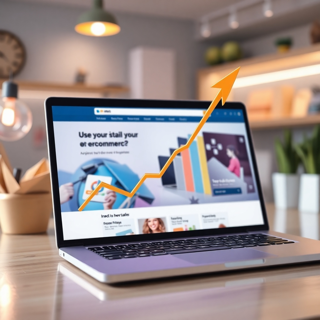 A photorealistic image of a graph showing a sharp increase in sales, overlaid on a laptop screen displaying a visually appealing e-commerce website. The background should include elements suggesting online shopping and positive customer feedback, aiming for a vibrant and successful business vibe.