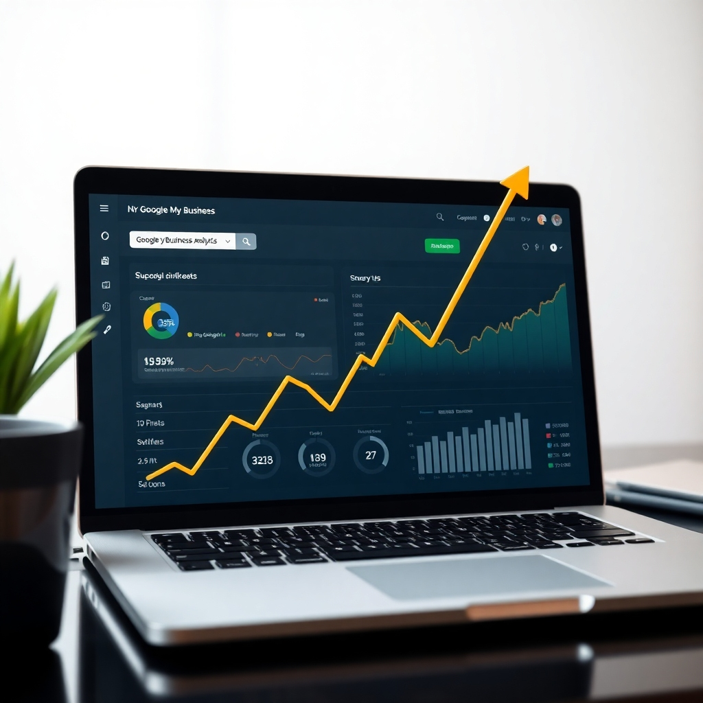 A photorealistic image of a graph showing upward trending lines representing business growth. The background should include a laptop displaying Google My Business analytics dashboard with key performance indicators. The visual style should represent success, data analysis, and strategic planning.