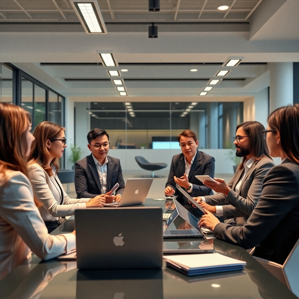 A photorealistic image of a group of real estate agents participating in a professional training session in a modern, well-lit office. The agents are actively engaged in a discussion, with laptops and presentation materials visible. The atmosphere should be collaborative, supportive, and enthusiastic. The office should have a sleek and modern design, reflecting professionalism and success.