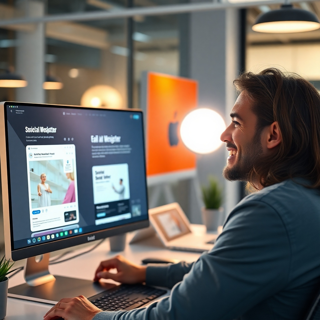 A photorealistic image of a graphic designer smiling and looking at a computer screen displaying various AI-generated marketing materials; a social media post, email newsletter mockup and website banner. The scene should be brightly lit and modern, conveying efficiency and creativity.
