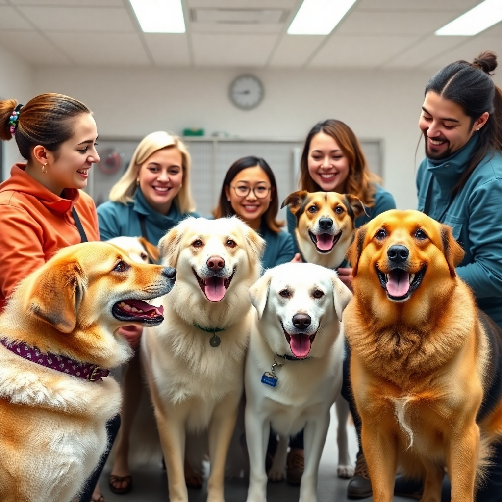 A photorealistic image of a group of friendly, smiling dog trainers in a clean, well-lit dog training facility, interacting with several dogs of different breeds.  The trainers should be using positive reinforcement methods, and the dogs should look happy and engaged. The background should be a clean, modern space with dog training equipment visible. High resolution, sharp focus, vibrant colors.