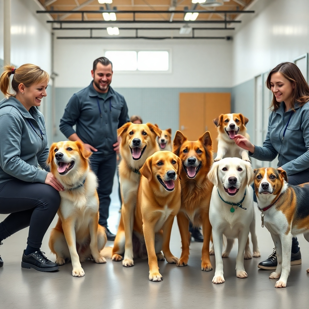 A photorealistic image of a group of friendly, smiling dog trainers interacting with various breeds of dogs in a spacious, well-lit, and clean training facility. The trainers should be using positive reinforcement techniques, with dogs appearing happy and engaged.  High-quality, detailed image with natural lighting and a warm color palette.