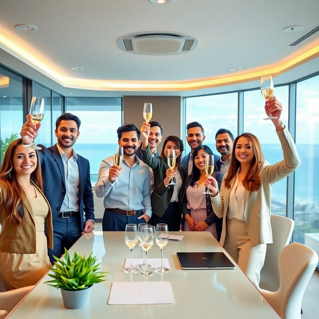 A photorealistic image of a group of diverse, happy real estate agents celebrating a successful business meeting in a modern, upscale office in Pattaya, Thailand.  They are raising champagne glasses and smiling, symbolizing success and teamwork. The office has a panoramic view of the ocean.