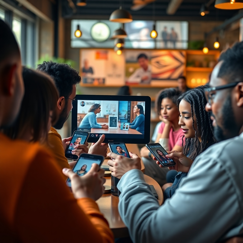 A photorealistic image of a group of diverse people actively engaging with a short reel video on various devices (phones, tablets). The video features a product in a relatable and engaging scenario, with comments and likes actively displayed on the screen. The background should be a vibrant, trendy cafe setting filled with natural lighting.