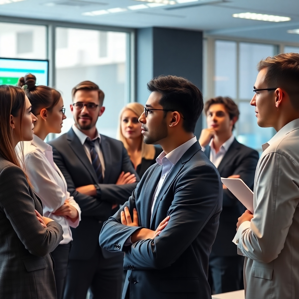 A photorealistic image of a group of real estate agents attentively engaged in a professional training session. The setting should be a modern, bright office space with interactive displays and marketing materials visible. The atmosphere should convey collaboration, learning, and professional support.