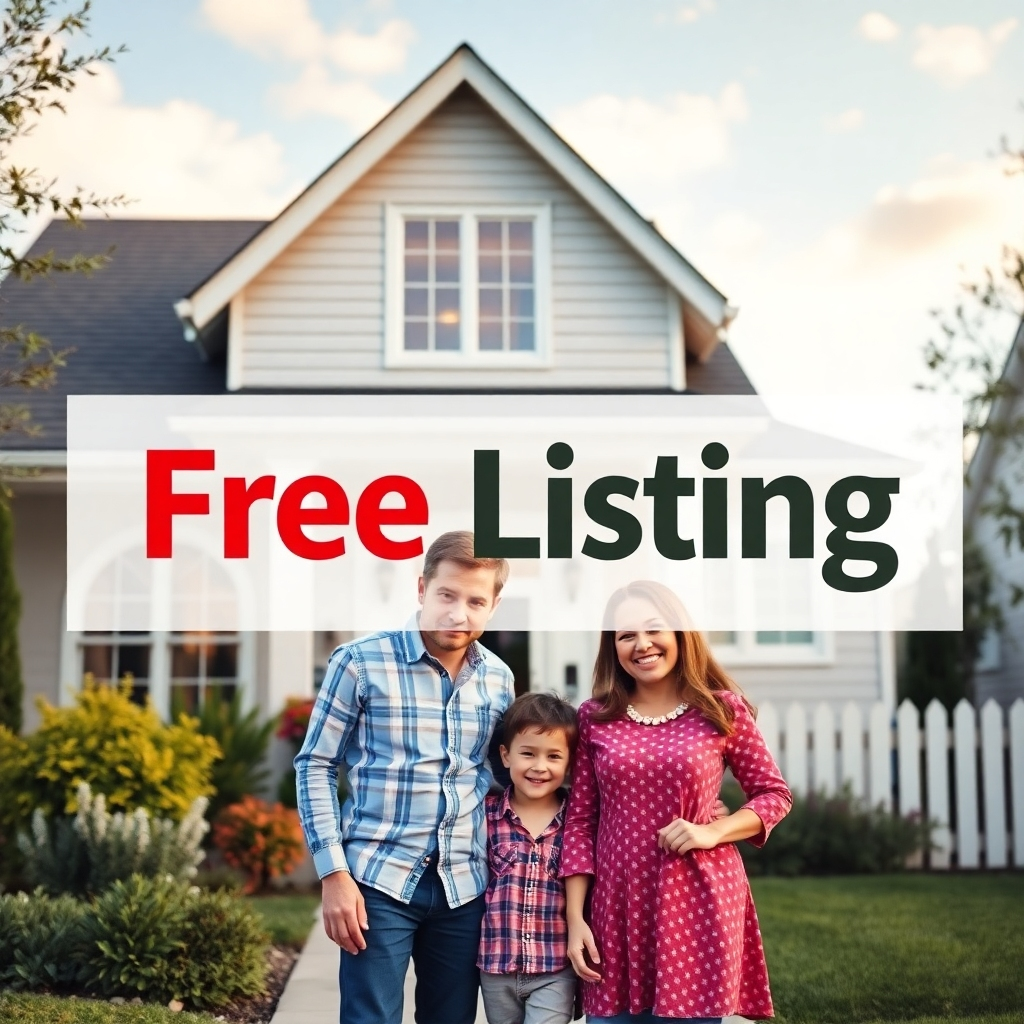 A photorealistic image of a happy family standing in front of their house with a large banner saying 'Free Listing' superimposed on the image, emphasizing the free aspect. The image should exude a feeling of relief and satisfaction.