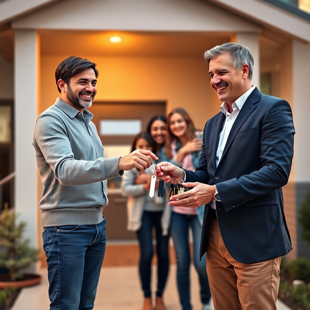 A photorealistic image of a happy family receiving keys to a new home from a real estate agent. The agent is smiling and handing over keys. The house is modern, clean, and spacious, representing a successful property transaction. The background should suggest a warm and welcoming atmosphere.