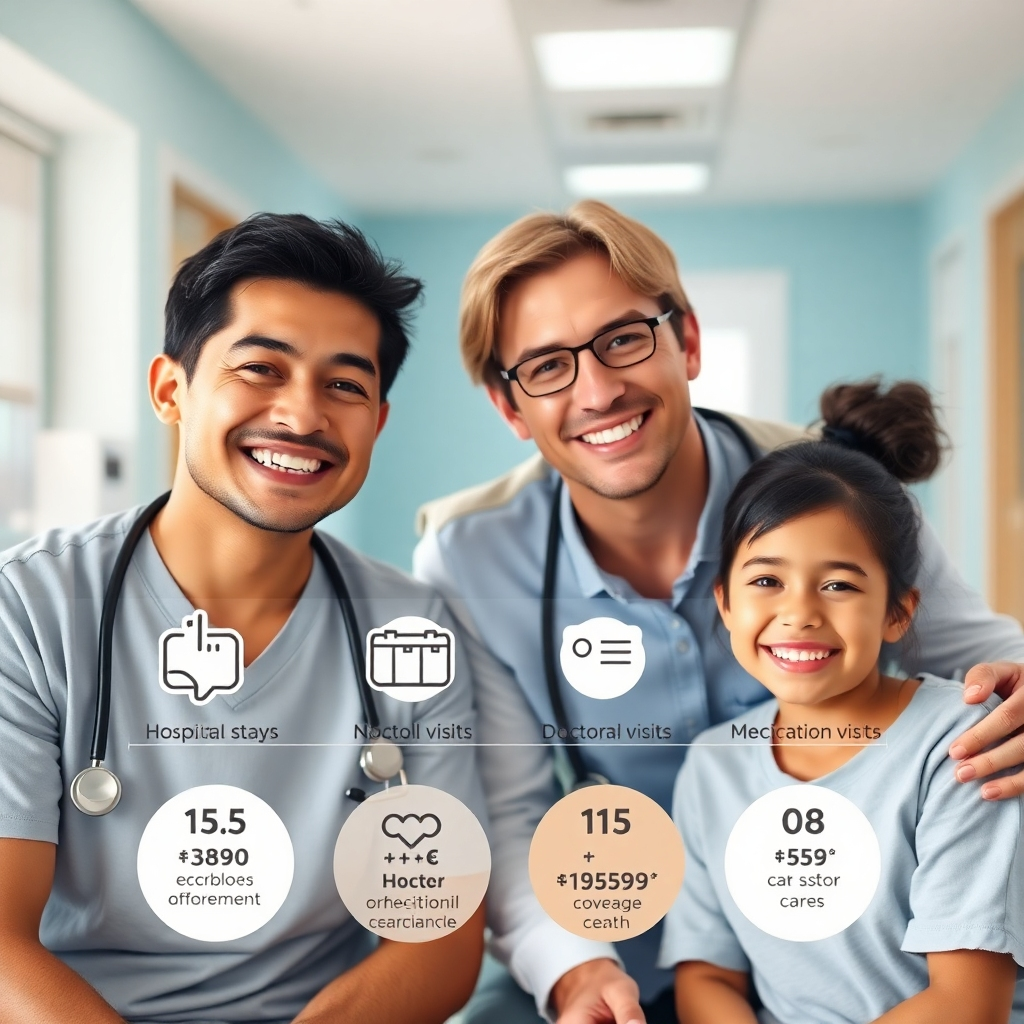 A photorealistic image of a happy family, smiling and healthy, with a visual representation of a comprehensive health insurance plan overlaid, showing various coverage options like hospital stays, doctor visits, and medication costs. The background should be a bright and cheerful hospital room.