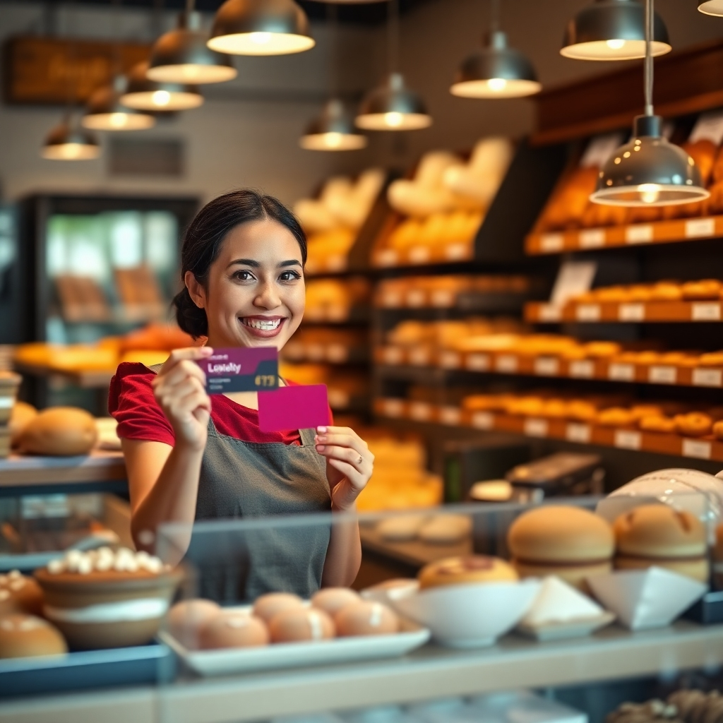 A photorealistic image of a happy customer showing their loyalty card at a bakery counter. The counter is filled with various delicious-looking breads and pastries.  The customer is smiling and looks pleased with their discount. The image should have warm lighting, showcasing the bakery's friendly atmosphere and the happy expression of the customer.