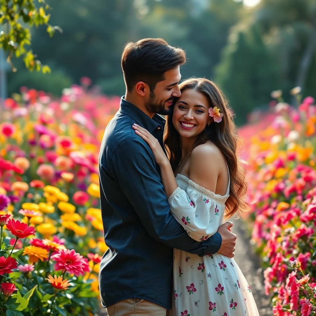 A photorealistic image of a happy couple embracing passionately, surrounded by a beautiful garden filled with vibrant flowers, symbolizing the bloom and beauty of their relationship.  The lighting should be soft and romantic, enhancing the feeling of intimacy and love.