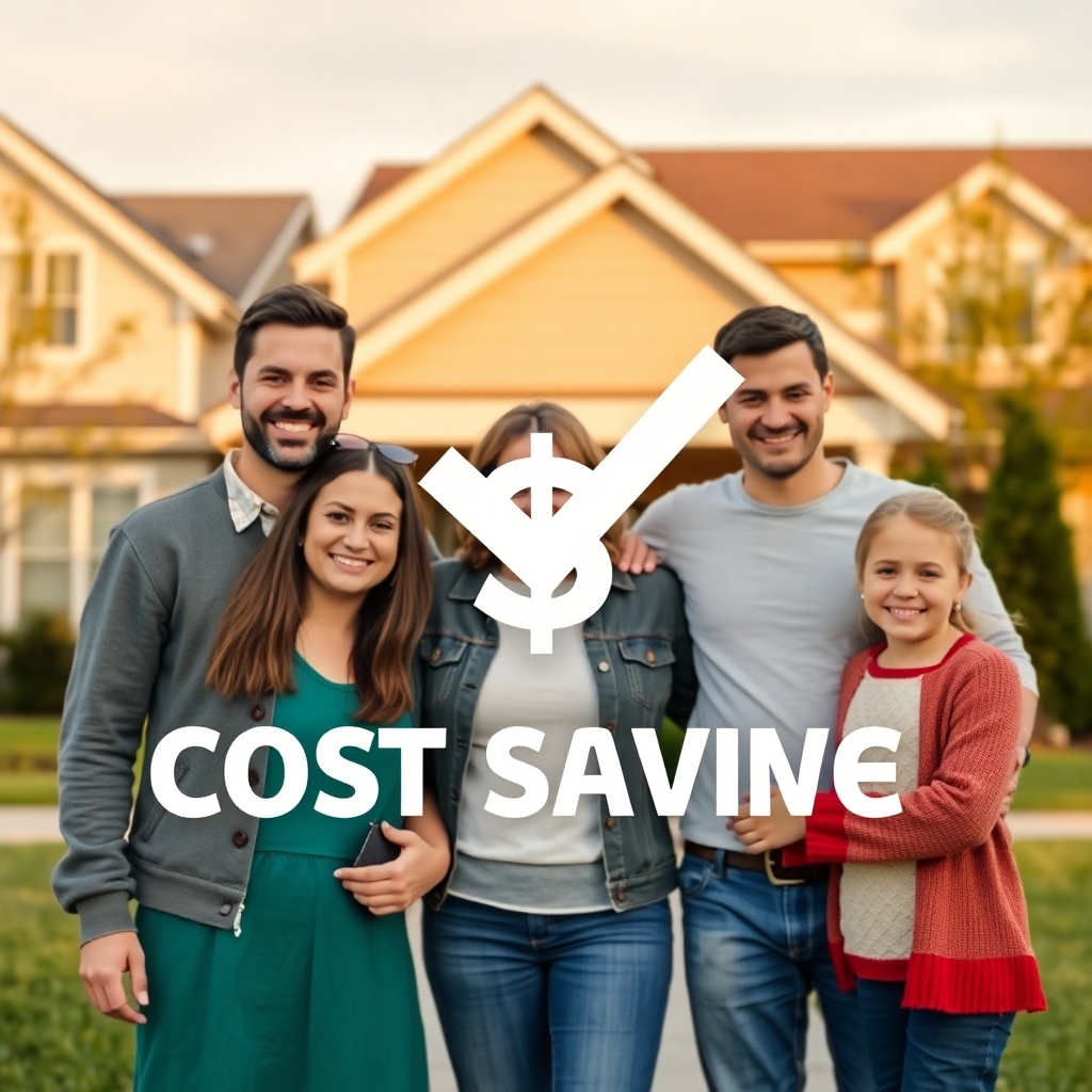 A photorealistic image of a happy family standing in front of their house, with a large checkmark and dollar sign superimposed on the image.  The background is a suburban neighborhood. The image style should be warm, friendly, and emphasize cost savings.