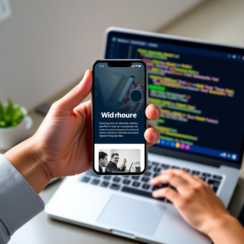A photorealistic image of a hand holding a smartphone displaying a beautiful, modern website. The background should show a laptop with code visible on the screen, and a person smiling proudly. The image should convey ease of use and professional design.