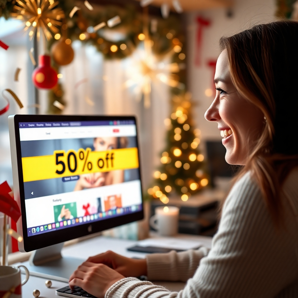 A photorealistic image of a happy customer looking at their computer screen, showing a website with a prominent "50% off" banner. The background should be festive, with New Year's decorations, confetti, and a celebratory atmosphere. The customer should look surprised and delighted.
