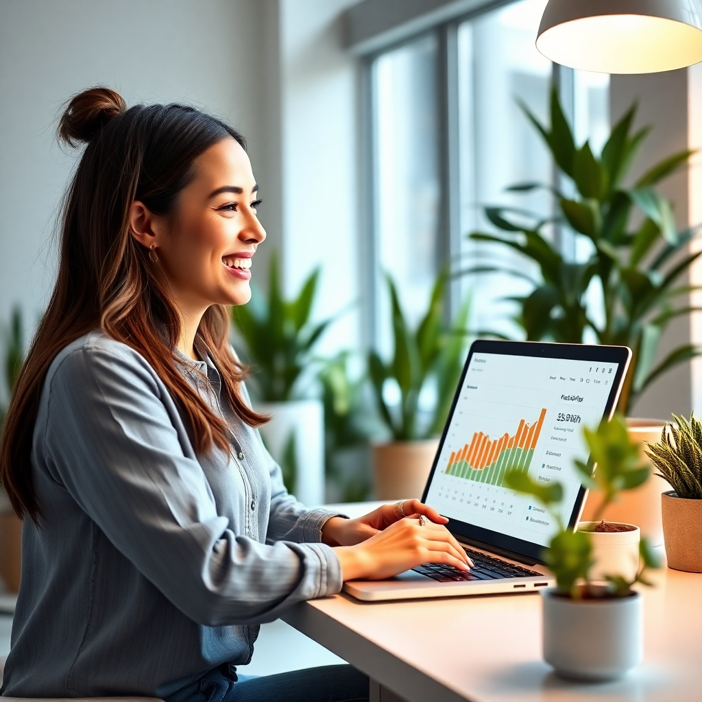 A photorealistic image of a happy young woman smiling and looking at her laptop, showing a graph with sharply increasing profits.  She's sitting in a modern, bright home office, surrounded by plants.  The laptop screen displays a website sales dashboard indicating significant growth. The overall mood should be positive and aspirational.