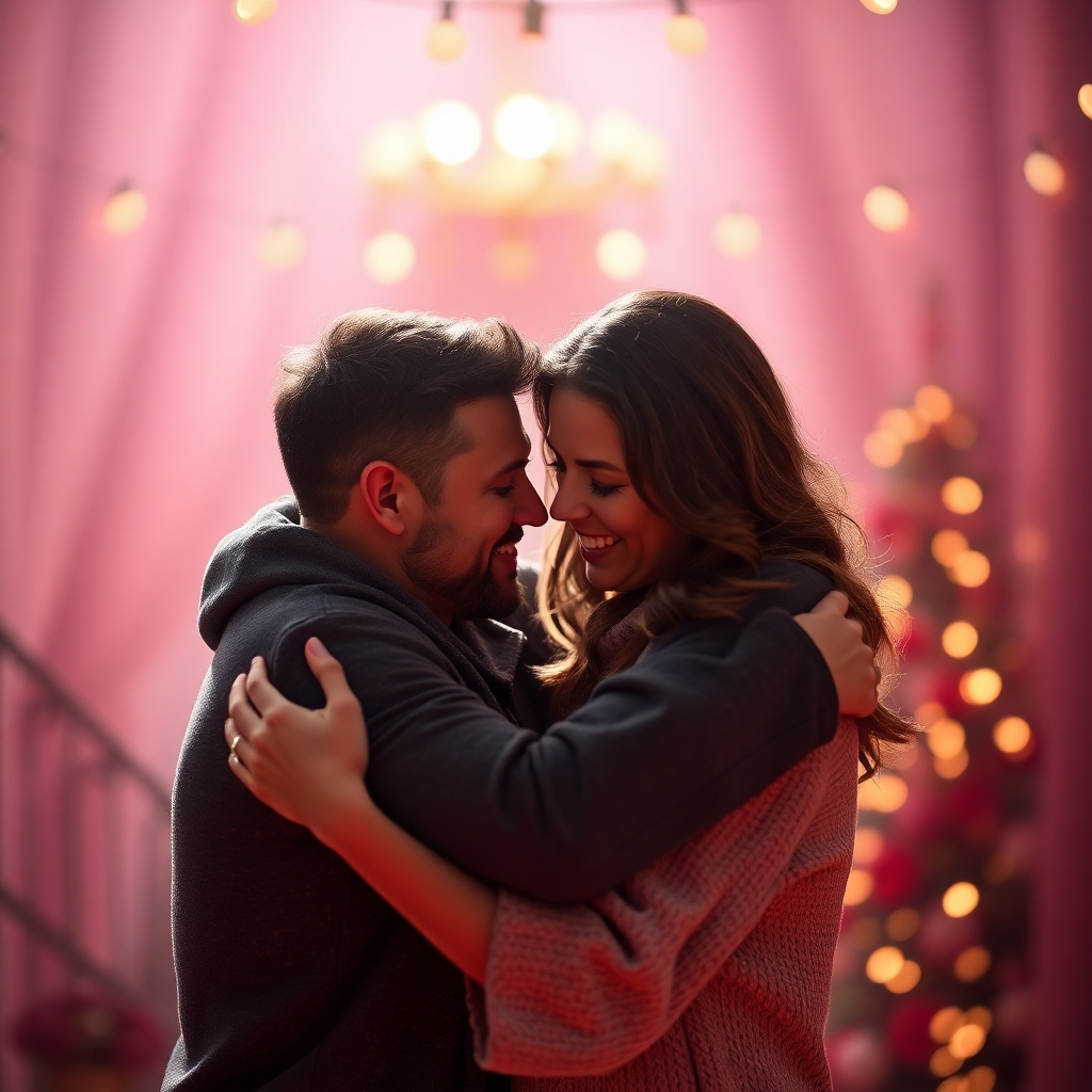 A photorealistic image of a happy couple, embracing intimately in a romantic setting. The atmosphere should feel loving and supportive. The image should focus on their happy expressions, and the body language should communicate closeness, comfort, and mutual respect. The overall tone should be warm, tender, and suggestive of a strong emotional connection.